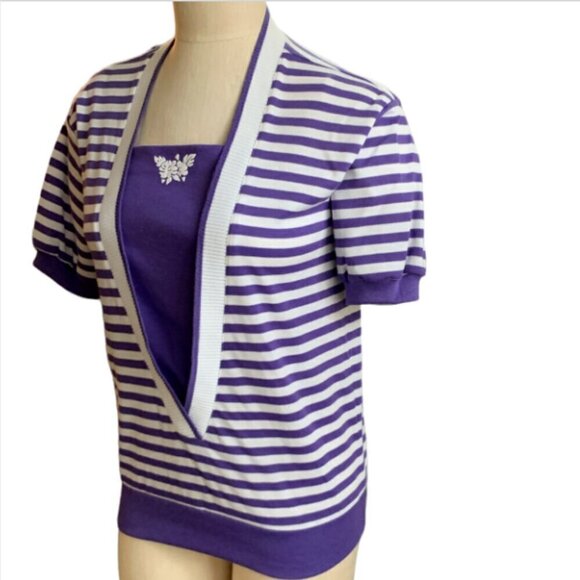VTG Koret Francisca Purple & White Striped Short Sleeve Top Sz PS #39L - Picture 3 of 7